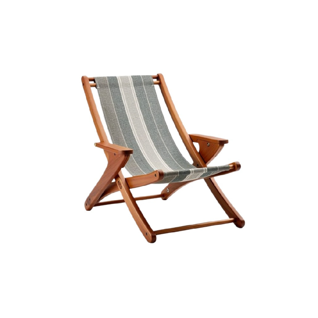 “Stylish Wooden Deck Chair with Striped Fabric”
