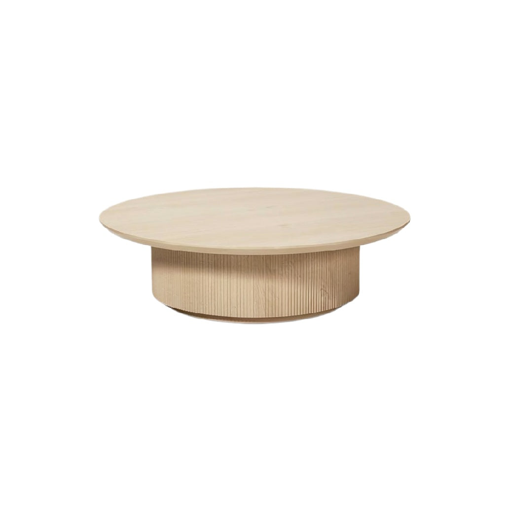 "Modern Round Wooden Coffee Table with Ribbed Base"